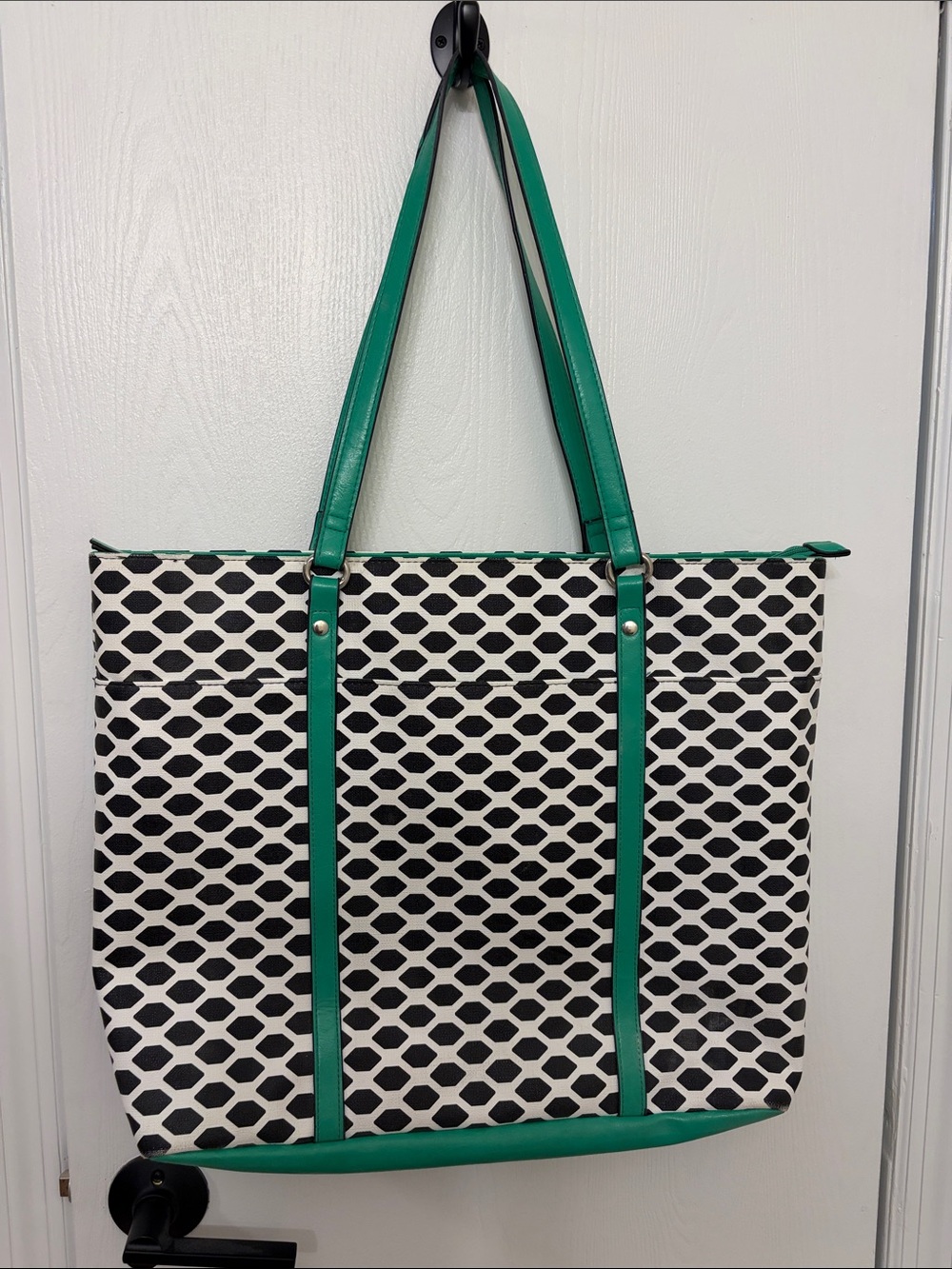 Black & White Geometric Laptop Bag/Tote with Bright Green Trim